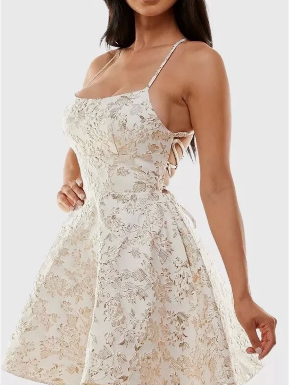 B Darlin Ivory and Floral Lace-Up A-Line Dress